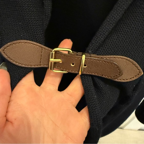 BROOKS BROTHERS | VTG 100% Merino Wool Navy Cardigan w/ Leather Strap | Size S - Picture 2 of 6